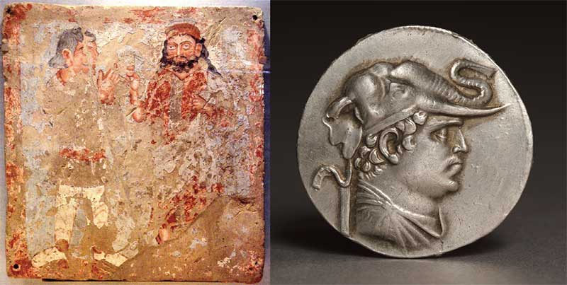 Left: Panel depicting Zeus-Serapis-Ohrmazd with worshipper, Bactria 3rd Century AD © PHGCOM (CC BY 4.0) https://bit.ly/3CXbNsw Right: Tetradrachm coin of Demetrios I, ruler of Bactria 200-190 BC. 