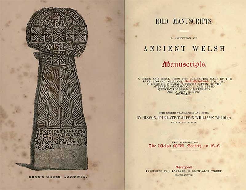 Title page of the Iolo manuscripts, English translation and notes by his son Taliesin Williams. 