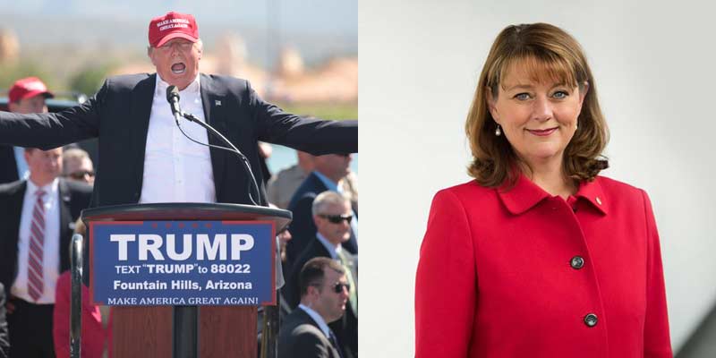 Left:Donald Trump speaking with supporters at a campaign rally, 2016 © Gage Skidmore, CC BY-SA 2.0 https://bit.ly/2u9Dqdw. Right: Leanne Wood, 2017 © Plaid Cymru, CC BY-NC-ND 2.0 https://bit.ly/2tXQrHK