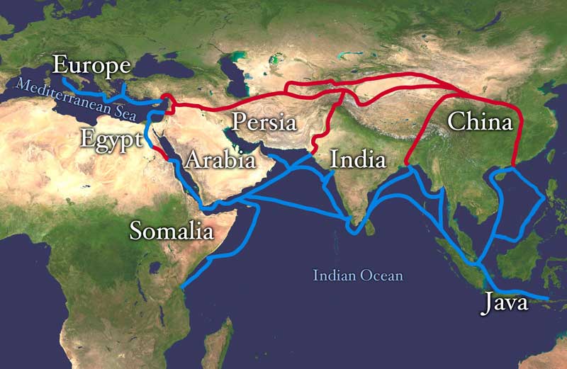 Extent of Silk Route/Silk Road. Red denotes the land route and the blue is the sea/water route. Image from NASA Visible World, in the public domain.